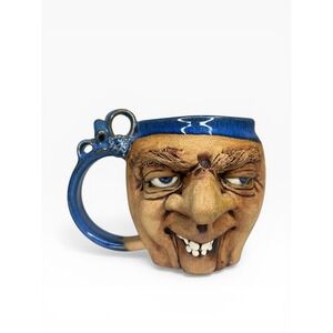 HerkWorks OOAK Ugly Face Mug Ribbon Handle Glazed Clay Stoneware Signed Herk's